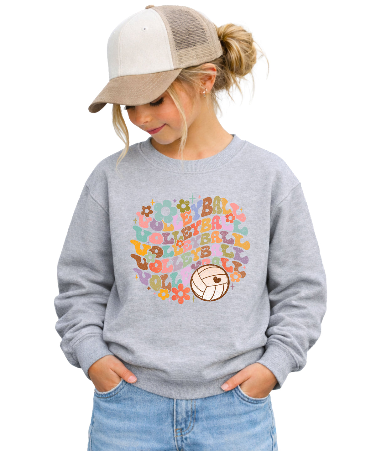 Retro floral volleyball sweatshirt, gray, youth — image 3 (YG3)
