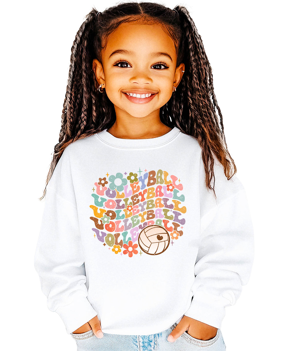 Retro floral volleyball sweatshirt, white, youth — image 2 (YW2)