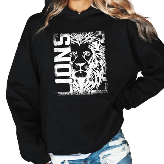 Lions School Spirit hoodie in Black - distressed lion mascot game day pullover sweatshirt, view 5