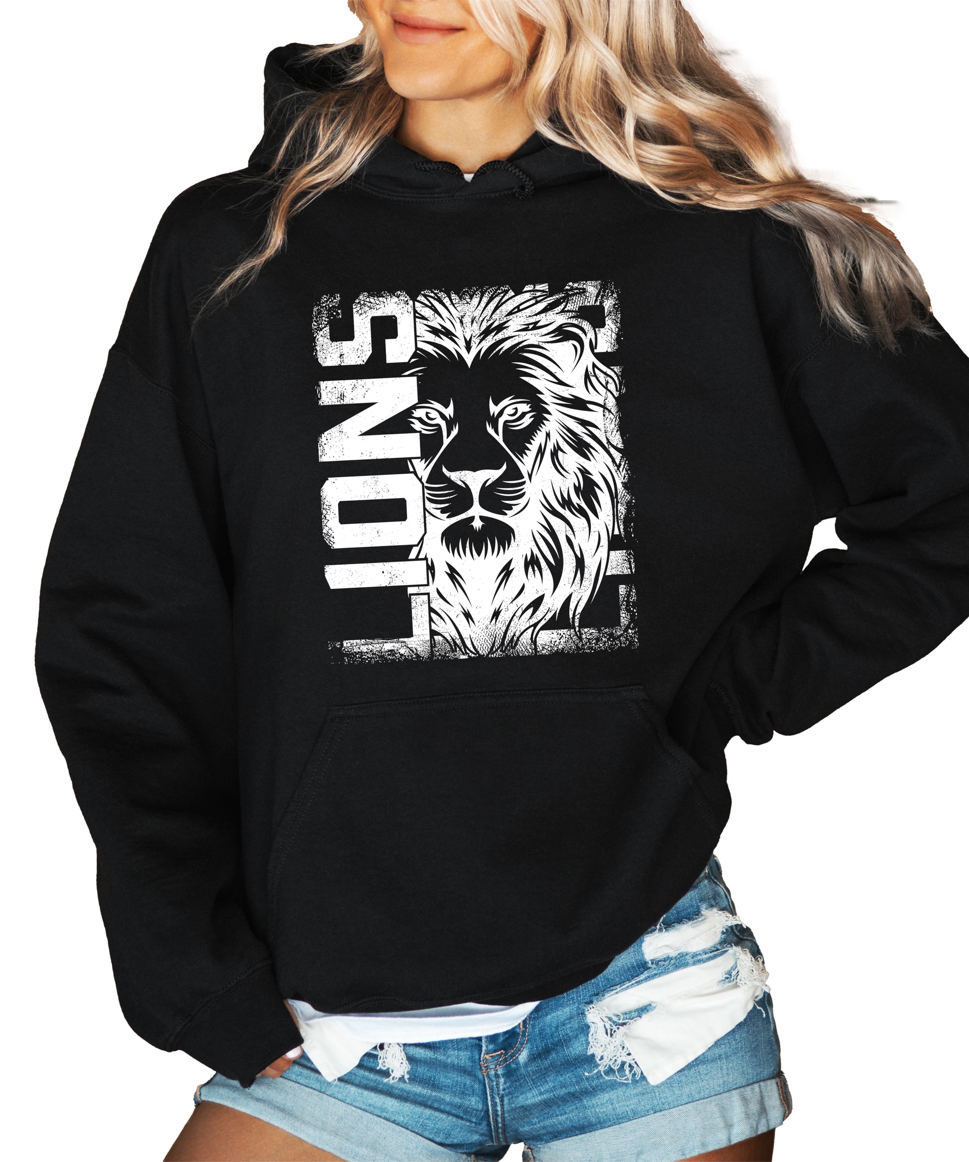 Lions School Spirit hoodie in Black - distressed lion mascot game day pullover sweatshirt, view 5