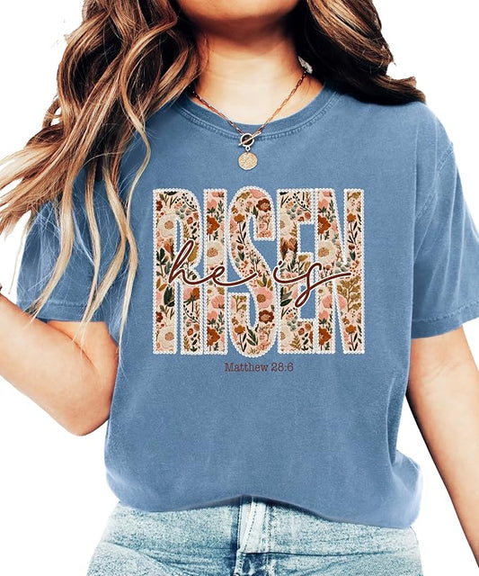 He is Risen Shirt for Women - Easter Matthew 28:6 Floral Graphic Tee