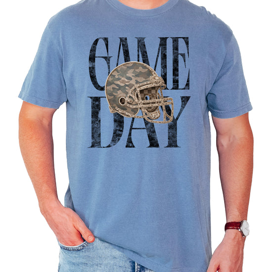 Blue Jean Shirt Game Day Camo Football Helmet Comfort Colors tee view 2 - Olive Loves Apple