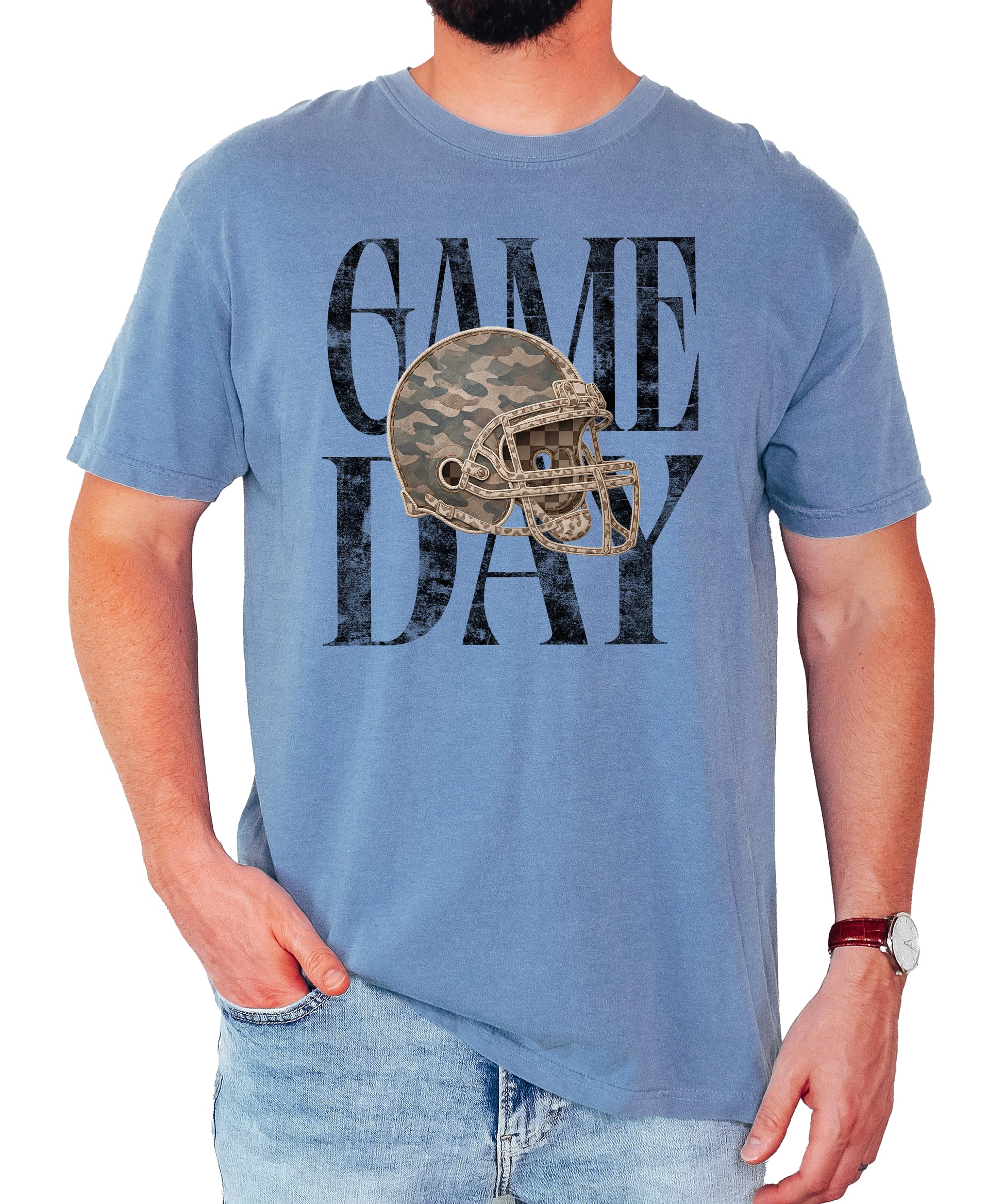 Blue Jean Shirt Game Day Camo Football Helmet Comfort Colors tee view 2 - Olive Loves Apple