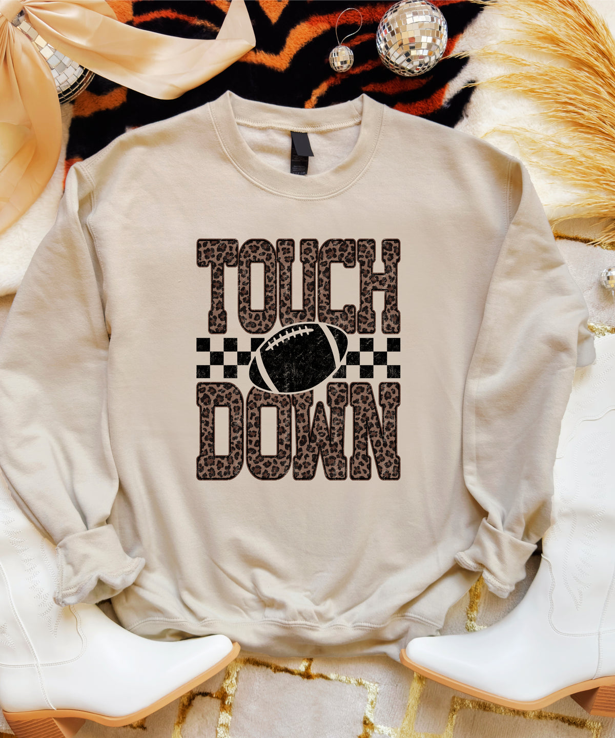Touchdown leopard print football sweatshirt Sand view 3
