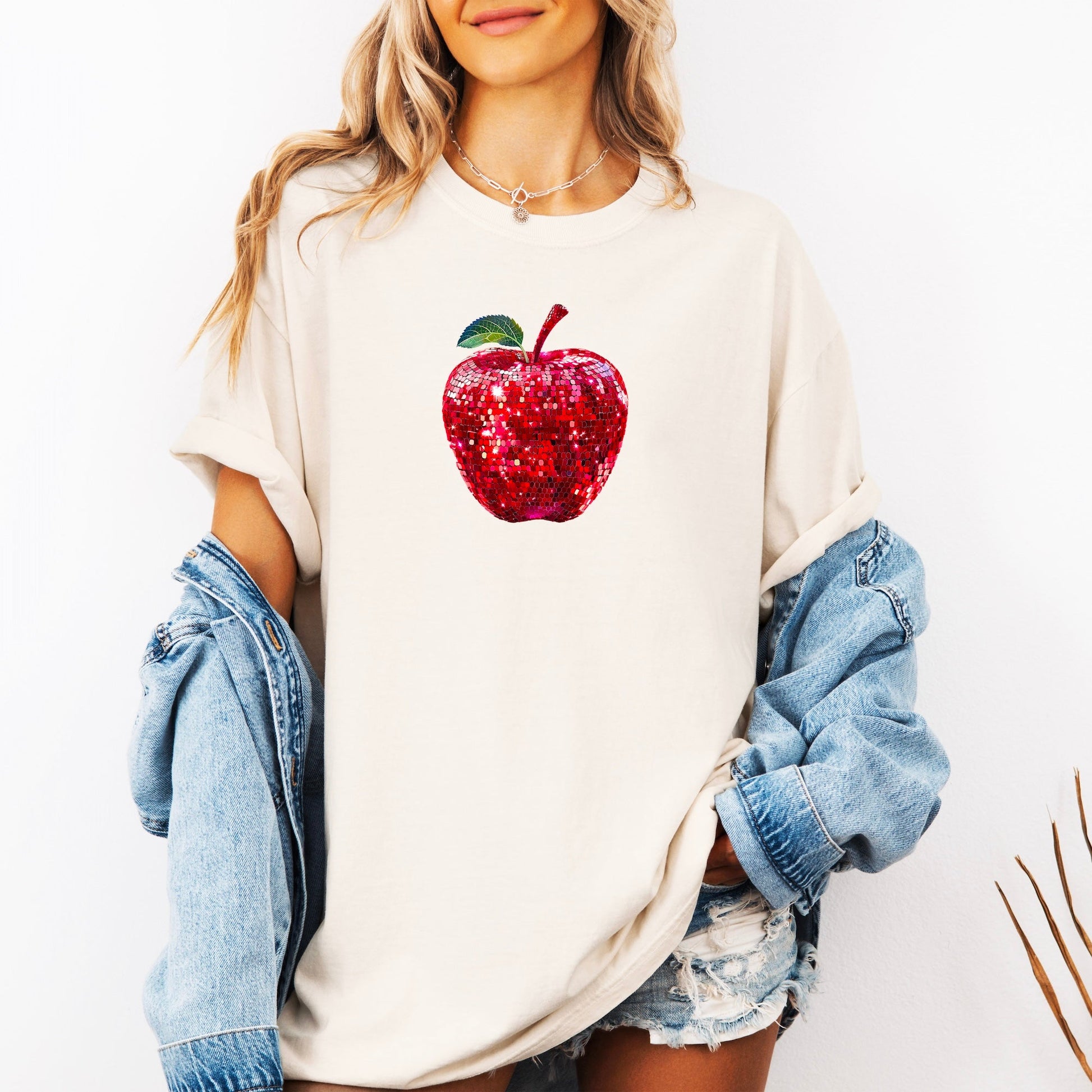 Red disco faux glitter apple Comfort Colors tee in Ivory - view 3