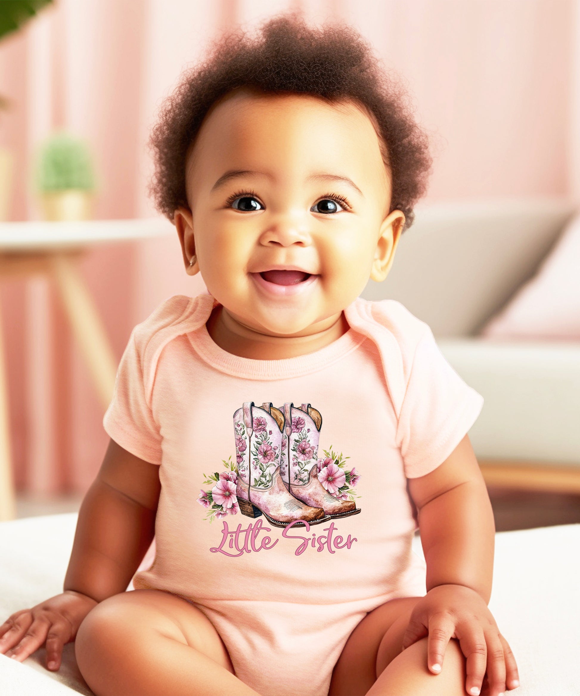 Peach Little Sister bodysuit, snap closure detail