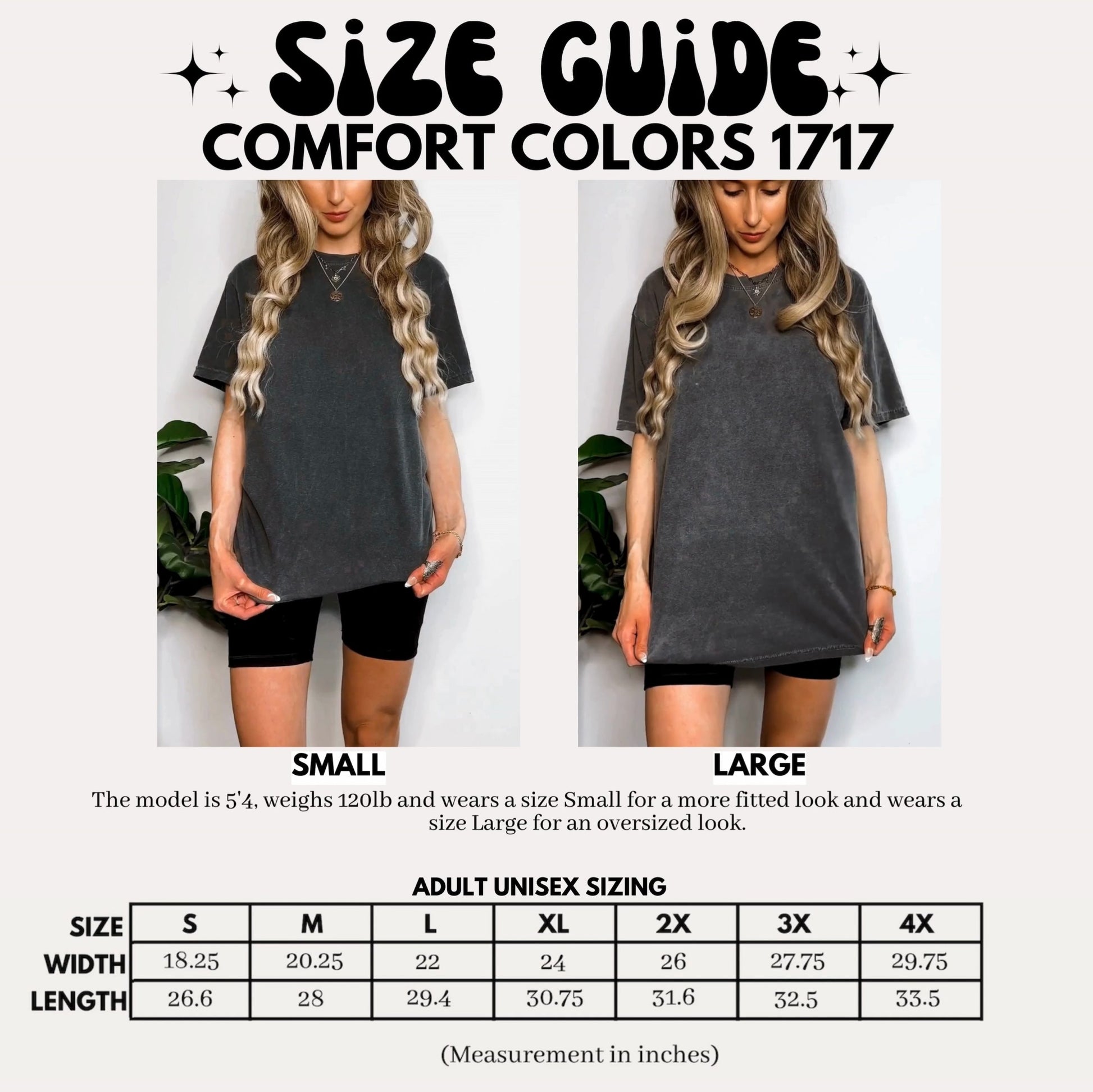 Comfort Colors 1717 womens size guide chart, sizes S to 2XL with width and length measurements