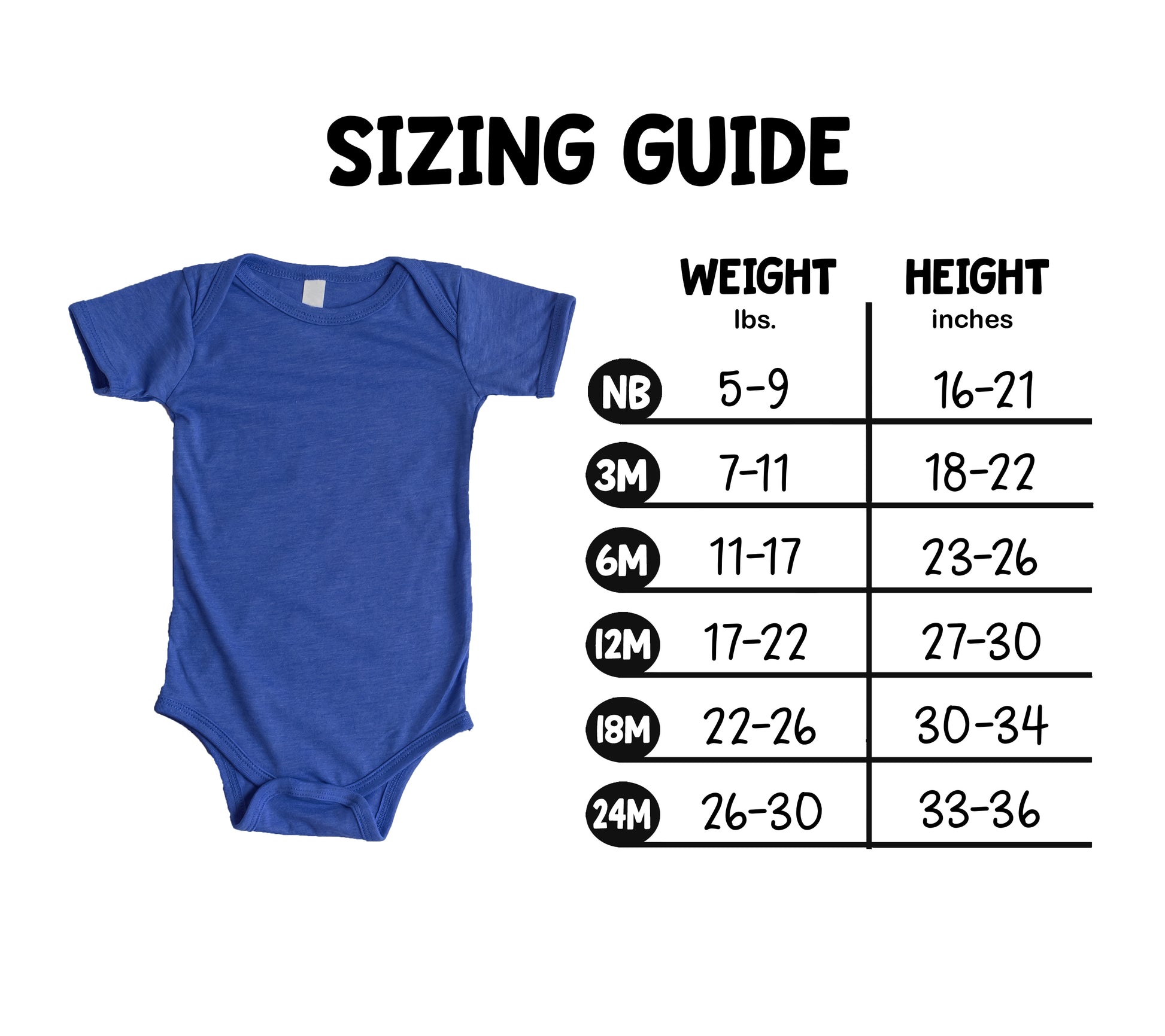 Baby bodysuit size chart, Newborn through 24 Months