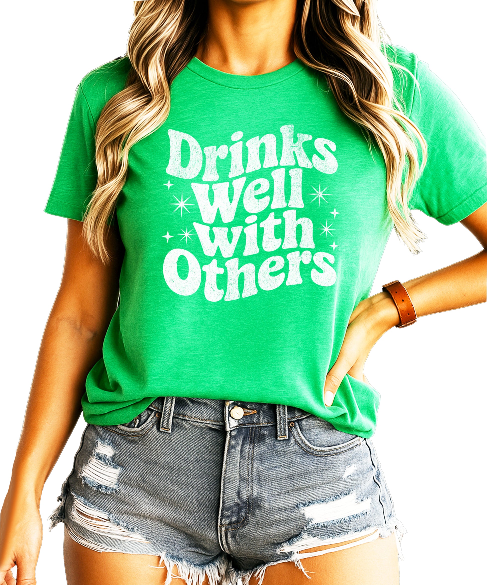 Drinks Well With Others funny graphic tee for women in Vintage Green, front view