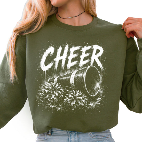 Army Green crewneck sweatshirt with distressed white CHEER script, megaphone and pom poms graphic, front view