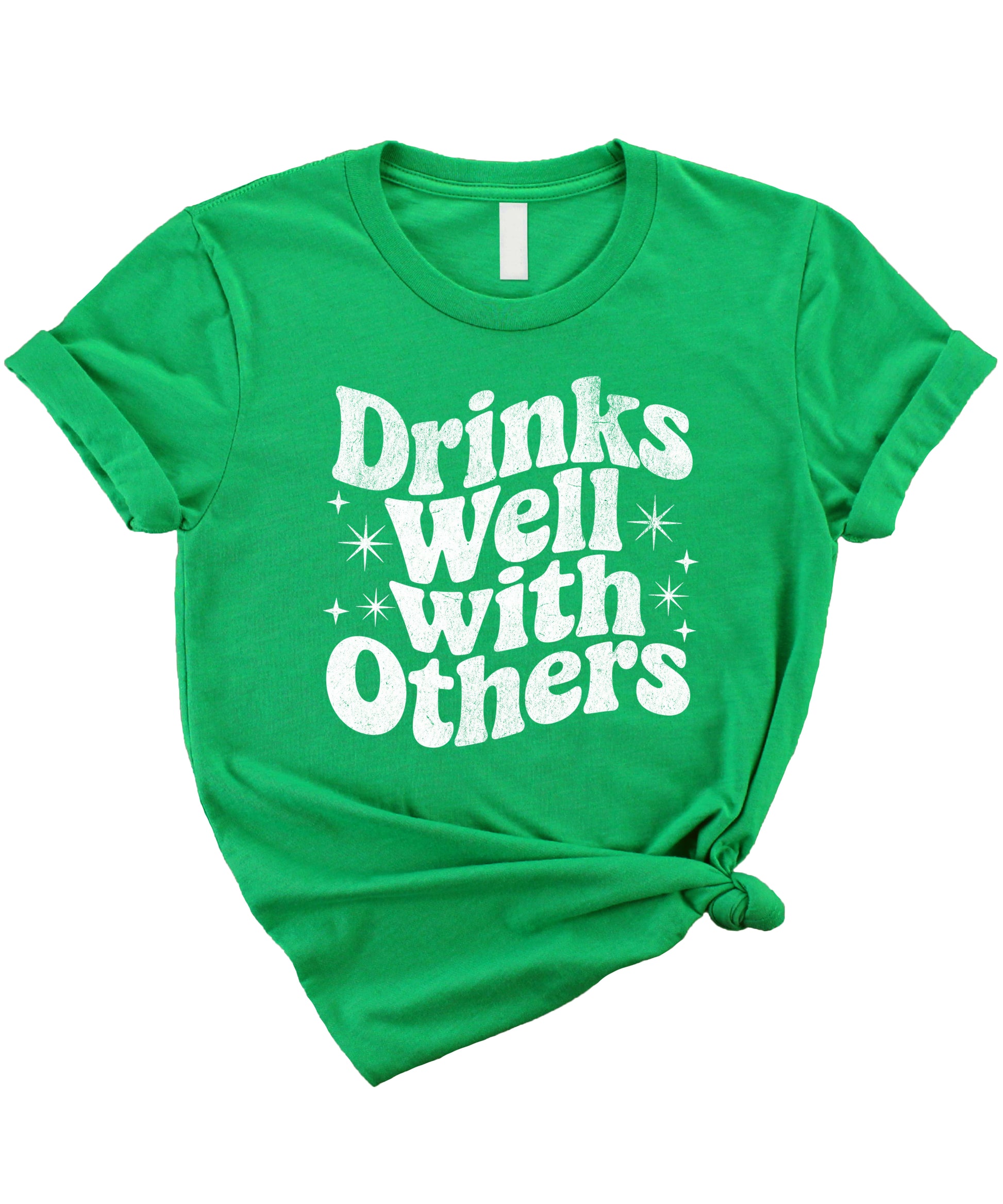 Drinks Well With Others funny graphic tee for women in Vintage Green, lifestyle view
