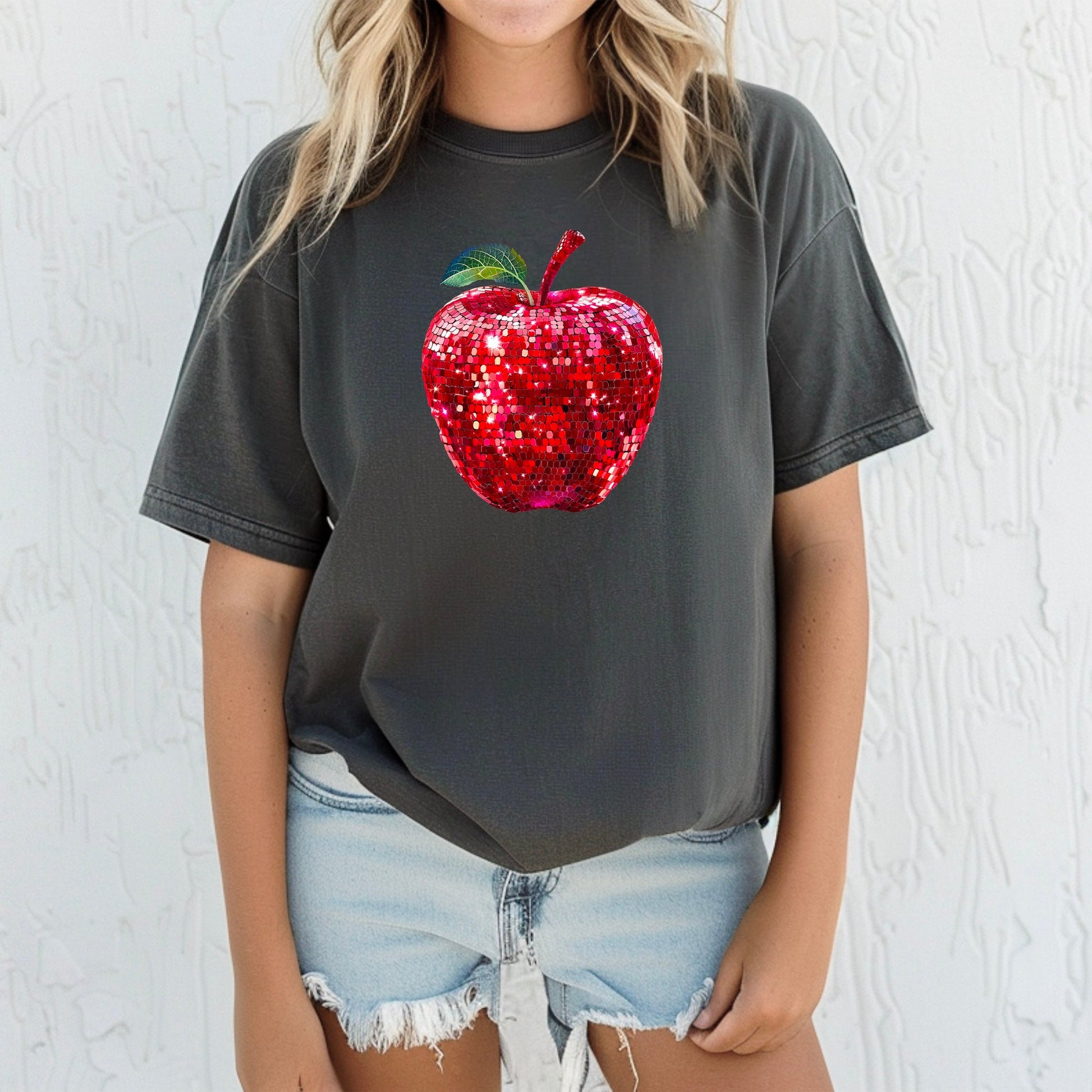 Red disco faux glitter apple Comfort Colors tee in Pepper - view 3