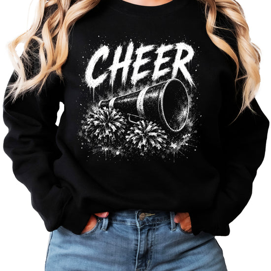 Close-up of the printed CHEER megaphone and pom poms graphic on the black cheer sweatshirt