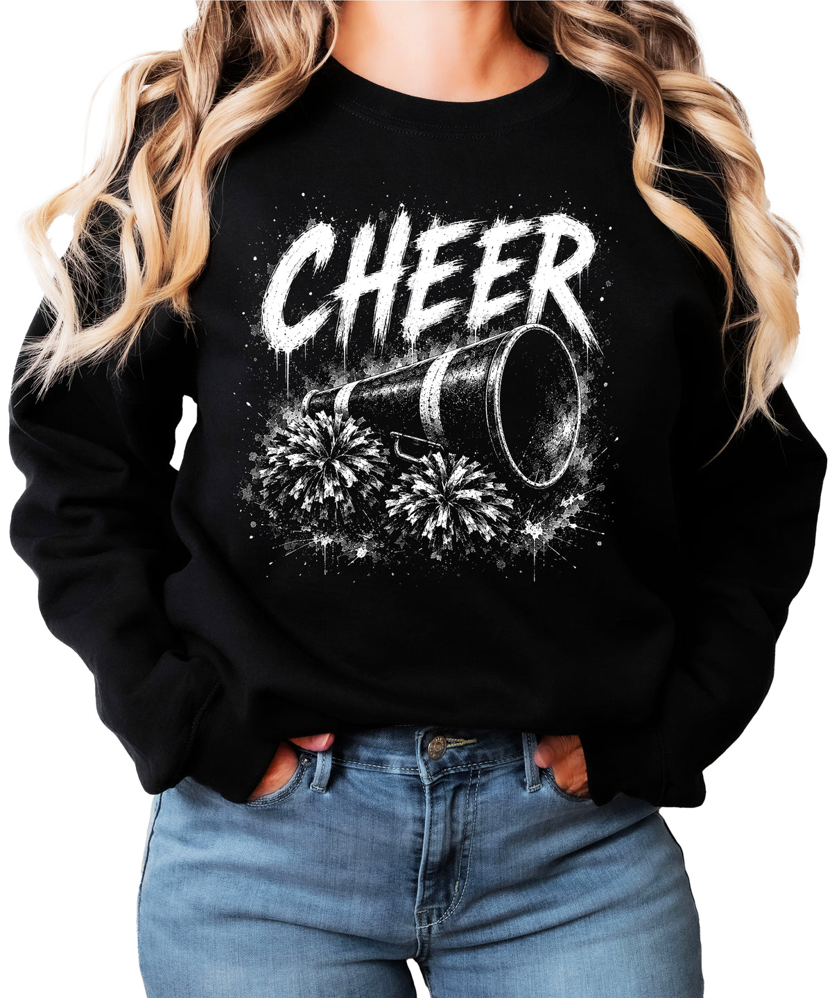 Close-up of the printed CHEER megaphone and pom poms graphic on the black cheer sweatshirt