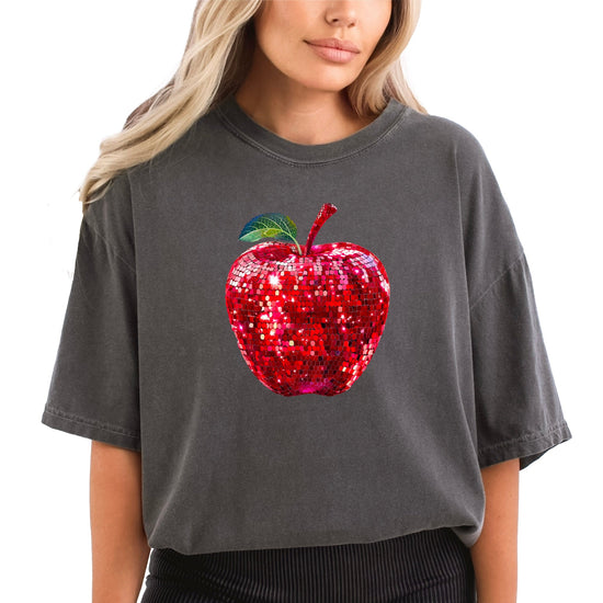 Red disco faux glitter apple Comfort Colors tee in Pepper - view 2