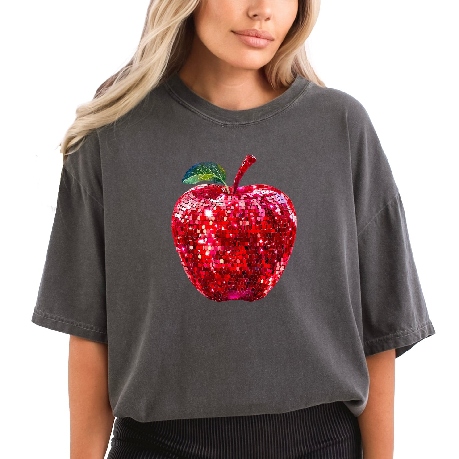 Red disco faux glitter apple Comfort Colors tee in Pepper - view 2
