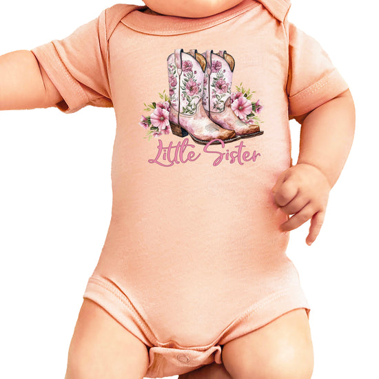 Little Sister cowgirl boots floral bodysuit in Peach, front view