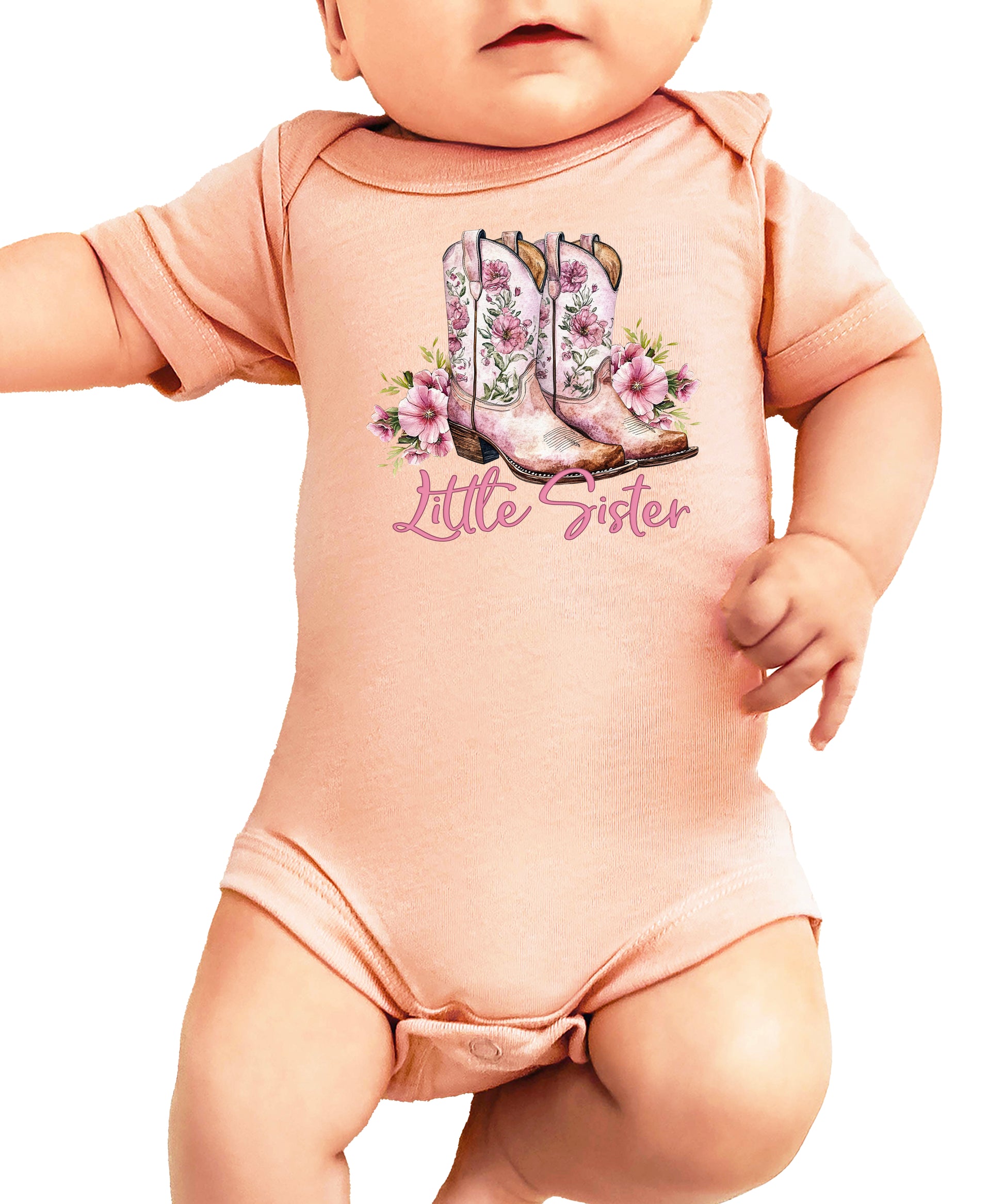 Little Sister cowgirl boots floral bodysuit in Peach, front view