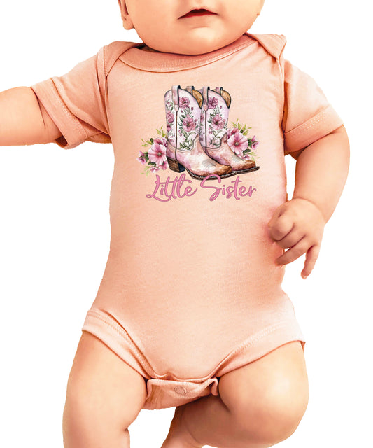 Little Sister cowgirl boots floral bodysuit in Peach, front view