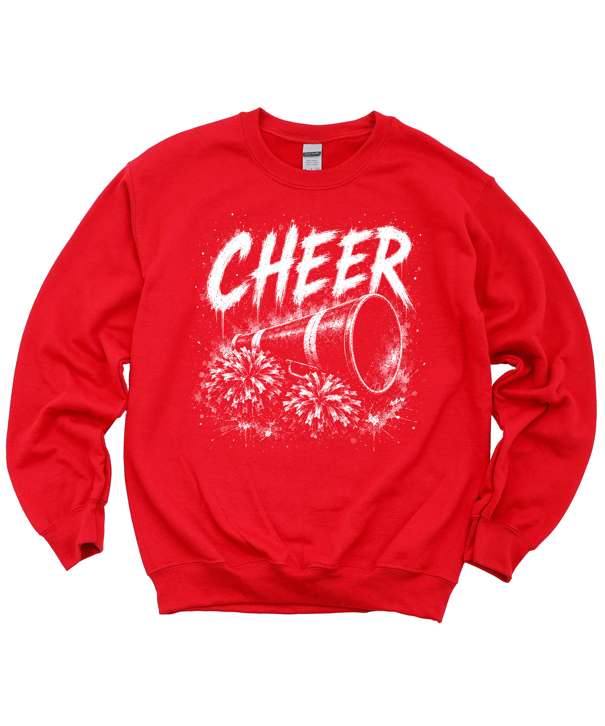 Red cheer pom poms sweatshirt detail shot showing ribbed cuffs and hem on the cotton-poly fleece