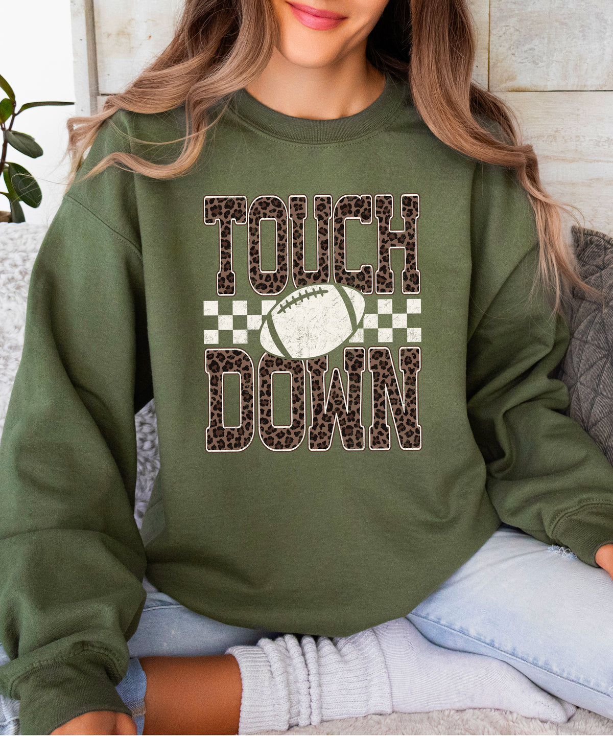 Touchdown leopard print football sweatshirt Army Green view 6