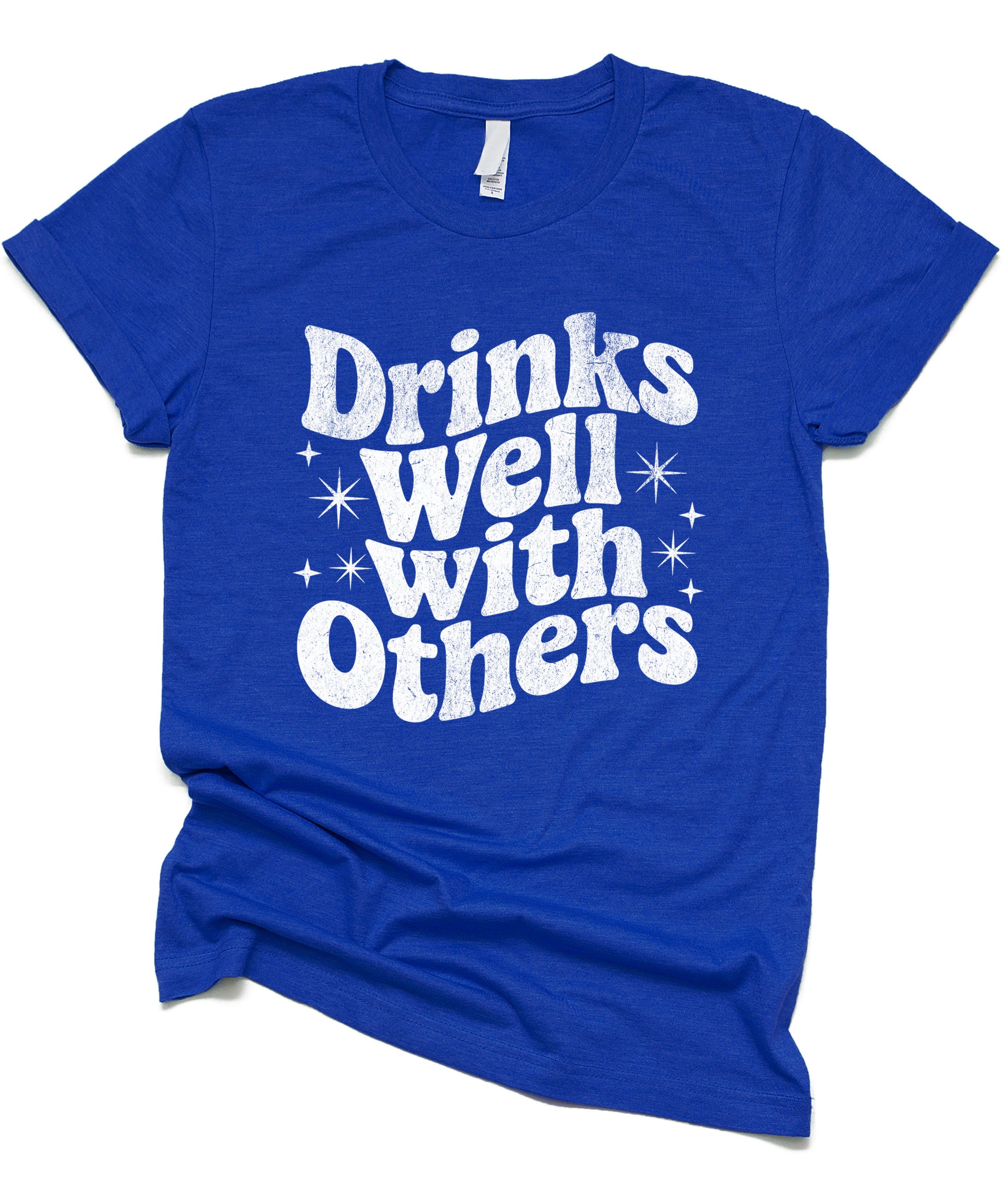 Drinks Well With Others funny graphic tee for women in Vintage Royal, lifestyle view