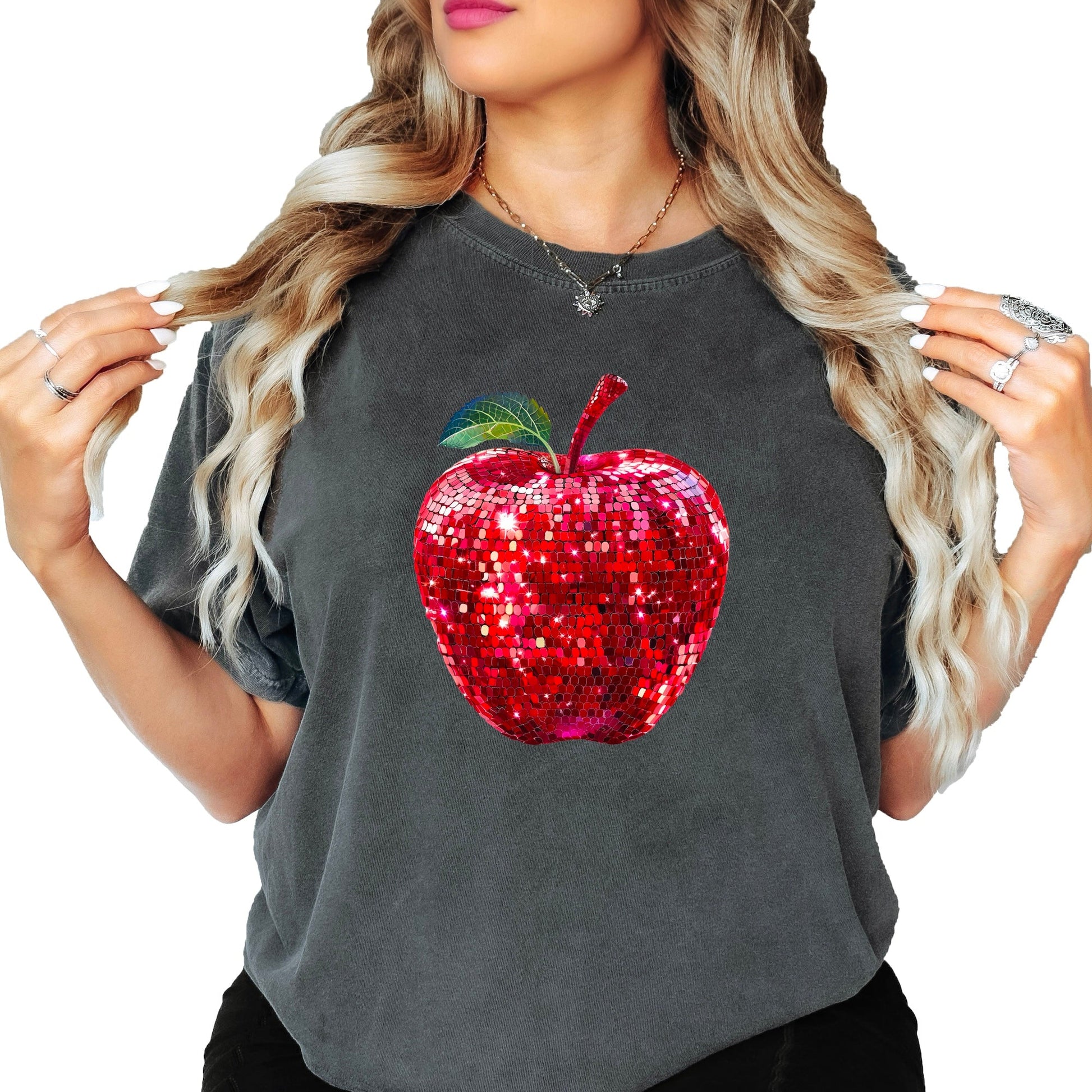 Red disco faux glitter apple Comfort Colors tee in Pepper - front view