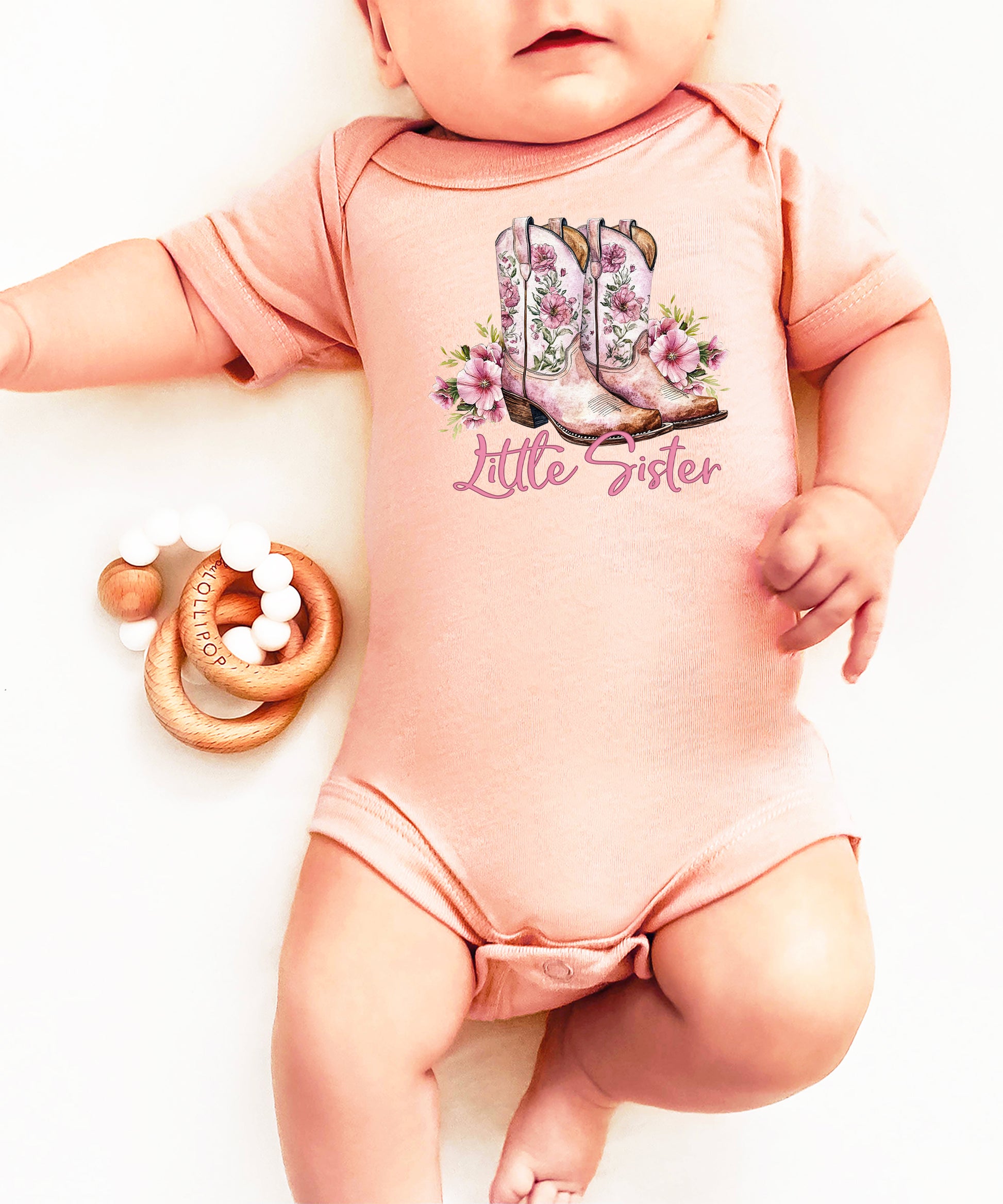 Peach Little Sister bodysuit, sibling coordinating look