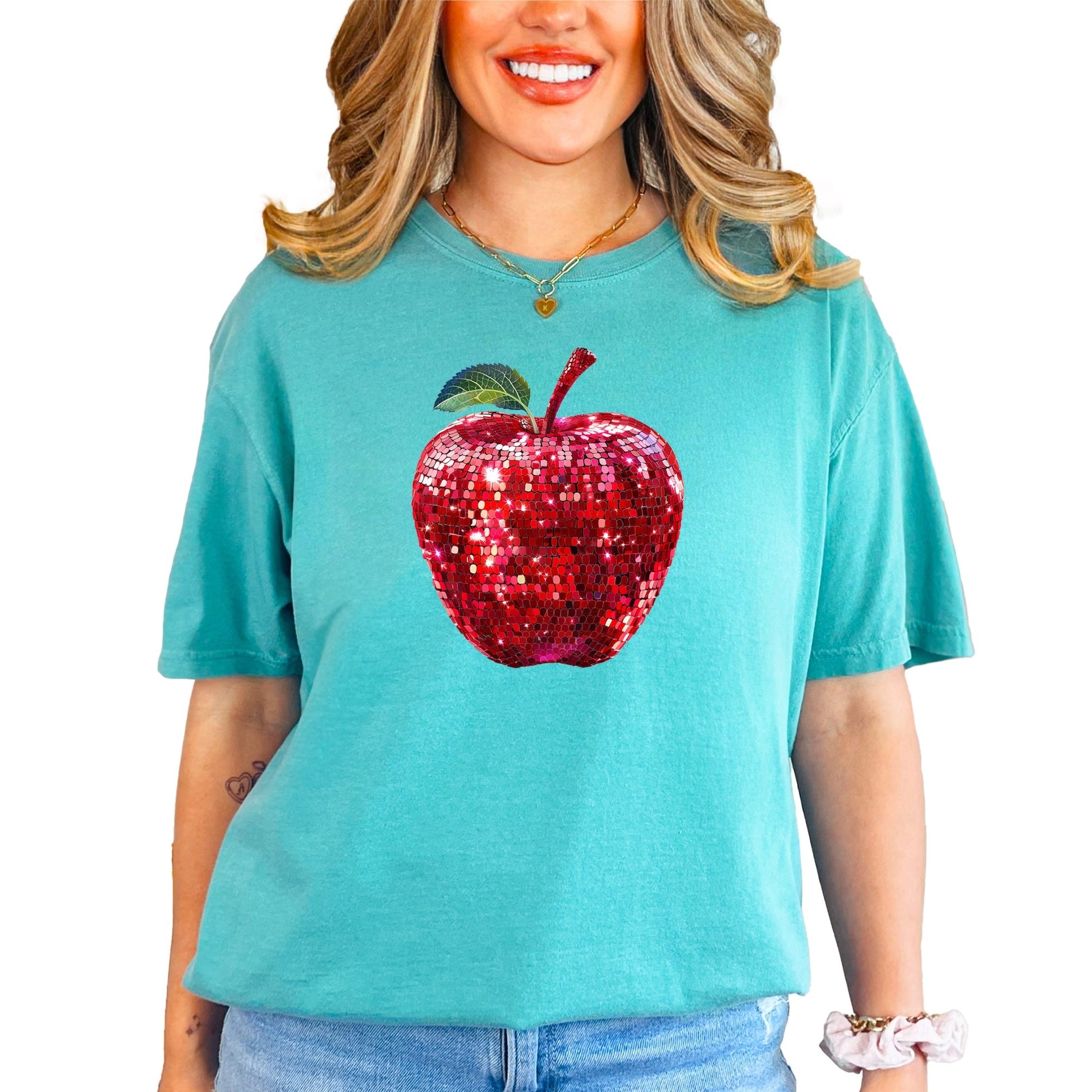 Red disco faux glitter apple Comfort Colors tee in Seafoam - front view