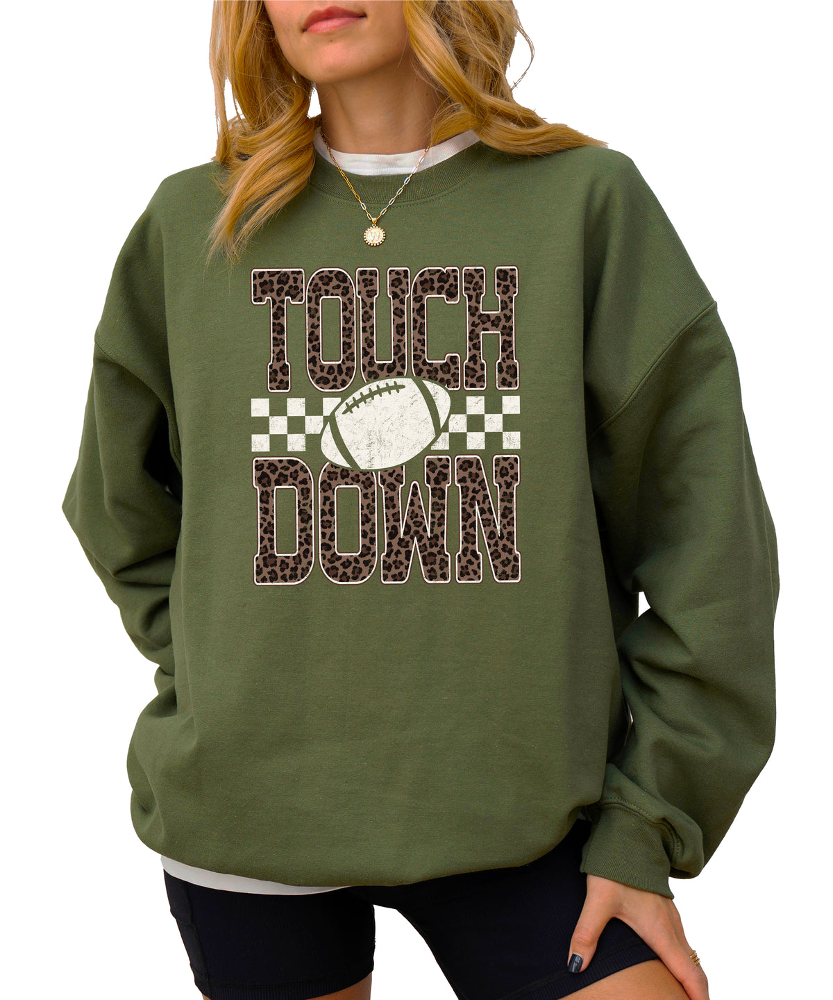 Touchdown leopard print football sweatshirt Army Green view 2