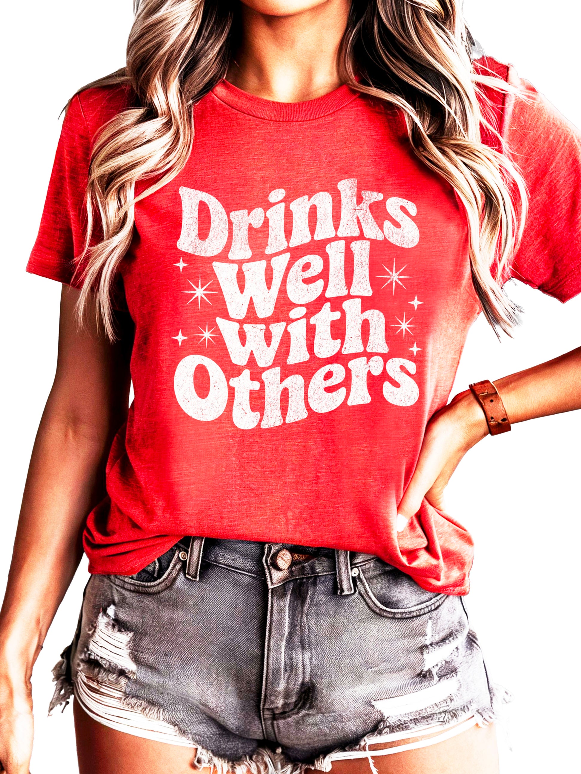 Drinks Well With Others funny graphic tee for women in Vintage Red, detail view
