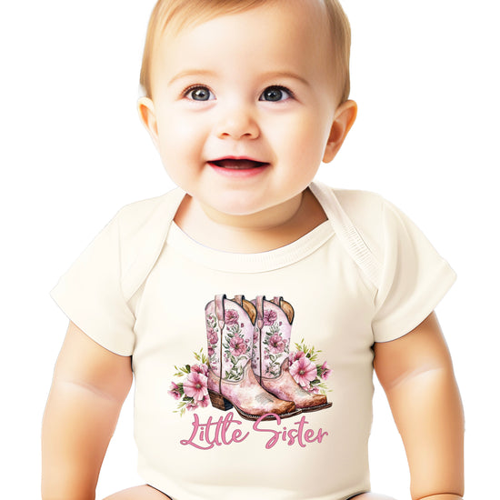 Little Sister cowgirl boots floral bodysuit in Natural, front view
