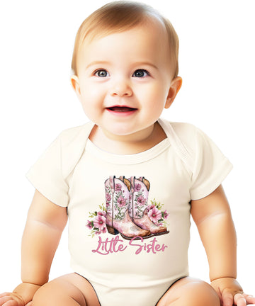 Little Sister cowgirl boots floral bodysuit in Natural, front view
