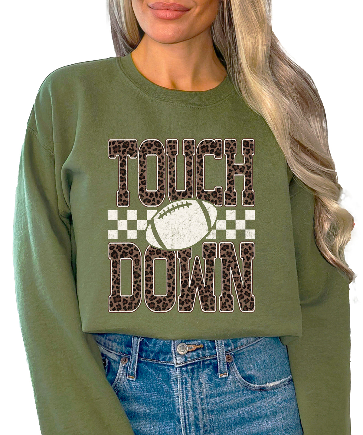 Touchdown leopard print football sweatshirt Army Green view 1