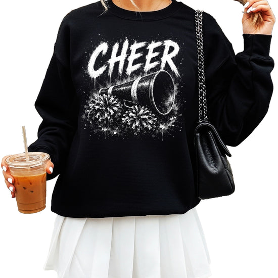 Black crewneck sweatshirt with distressed white CHEER script, megaphone and pom poms graphic, front view