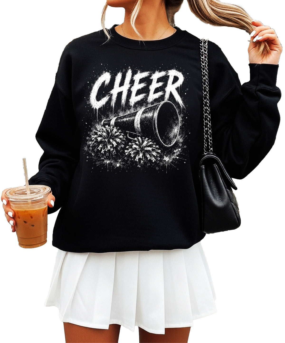 Black crewneck sweatshirt with distressed white CHEER script, megaphone and pom poms graphic, front view