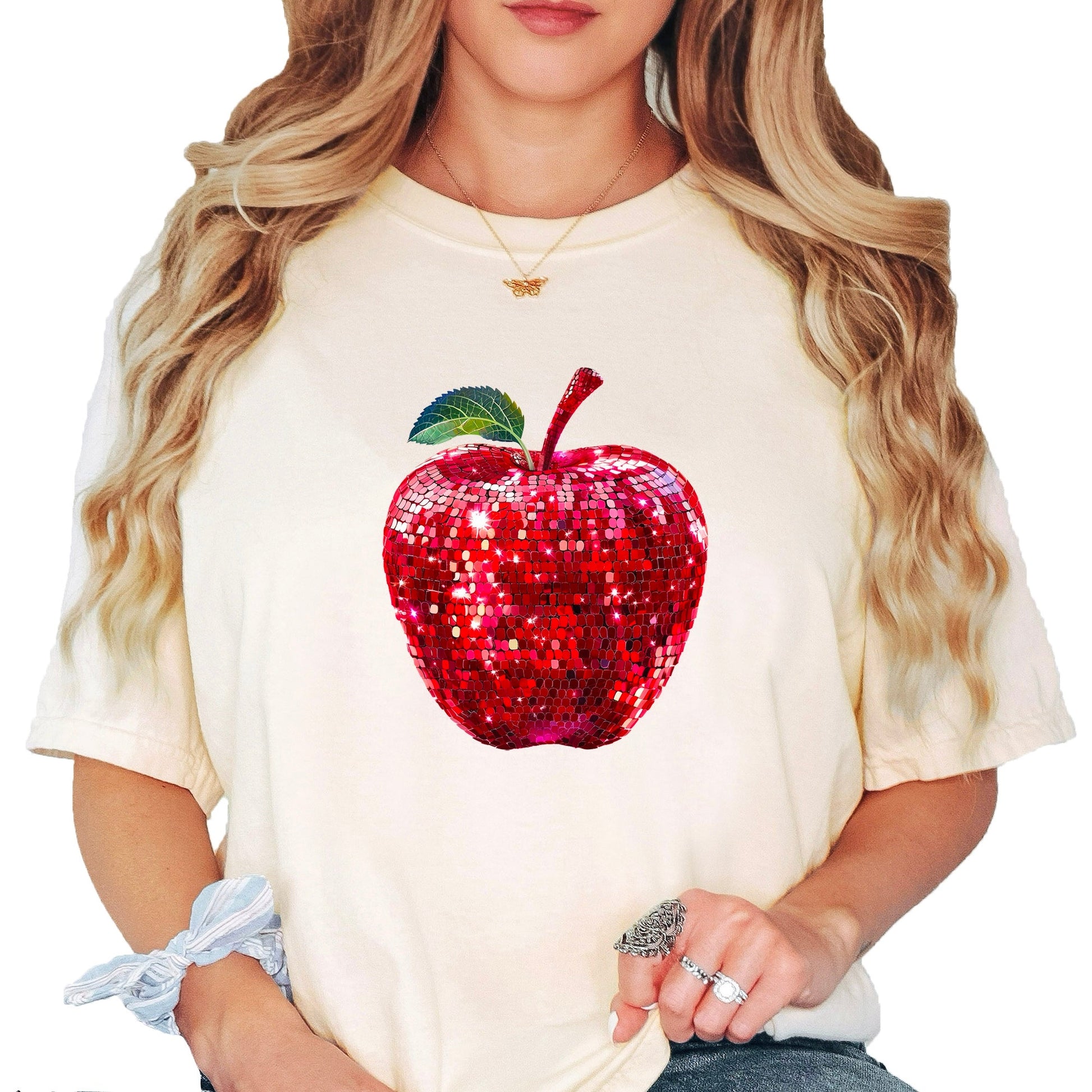 Red disco faux glitter apple Comfort Colors tee in Ivory - view 2