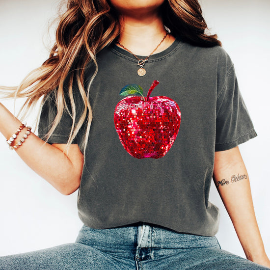 Red disco faux glitter apple Comfort Colors tee in Pepper - view 4
