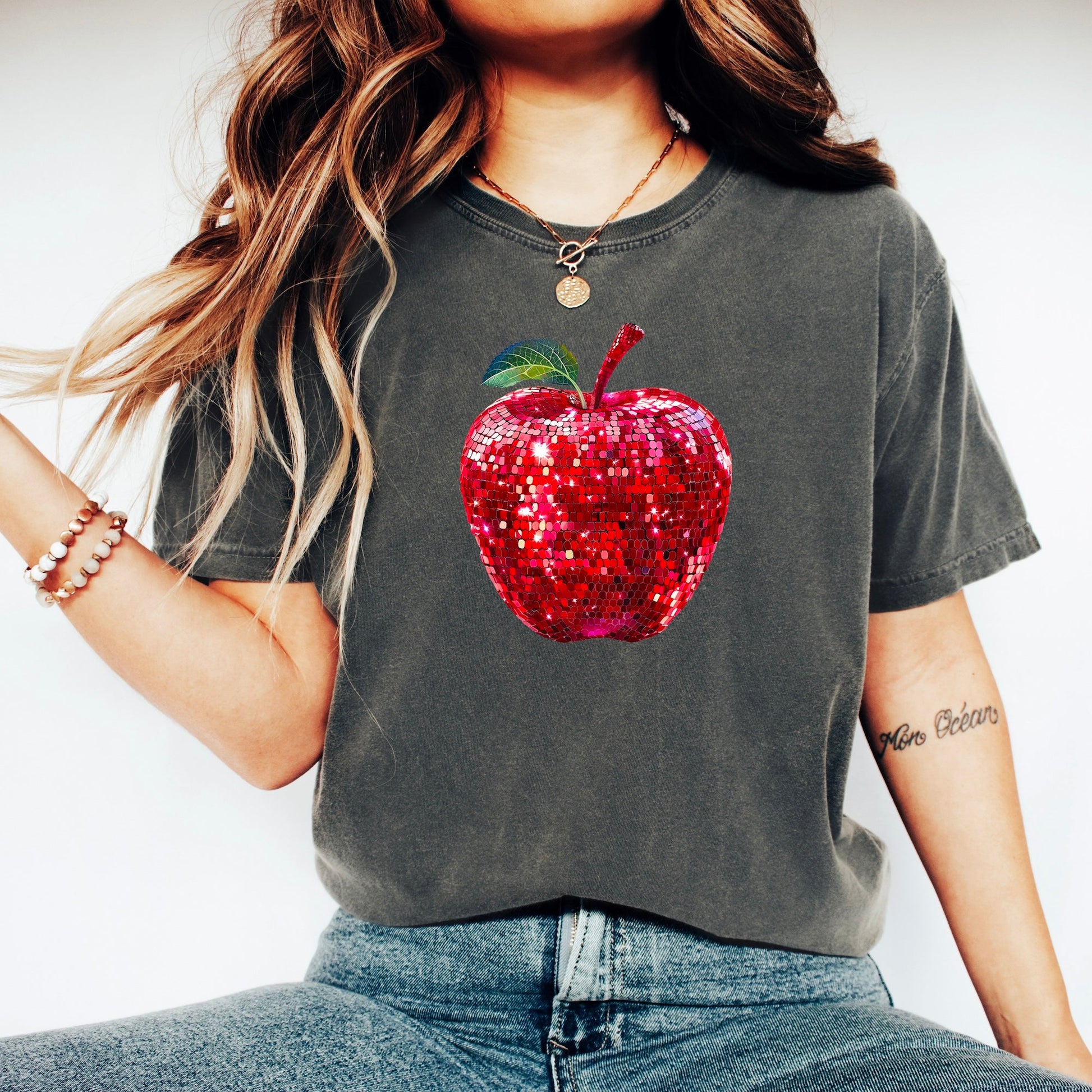 Red disco faux glitter apple Comfort Colors tee in Pepper - view 4