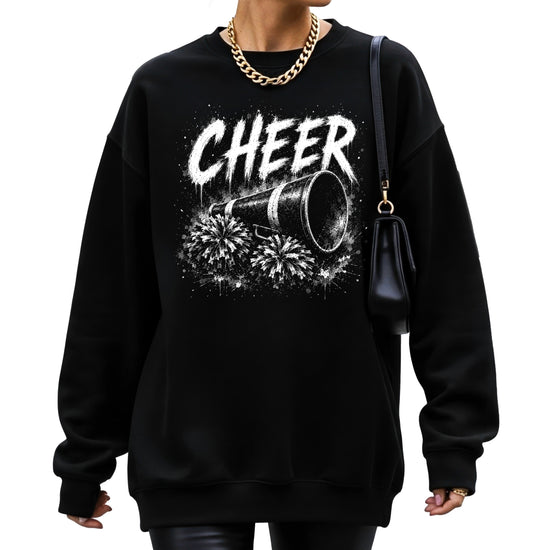 Black cheerleader sweatshirt styled on a model, showing the relaxed crewneck fit