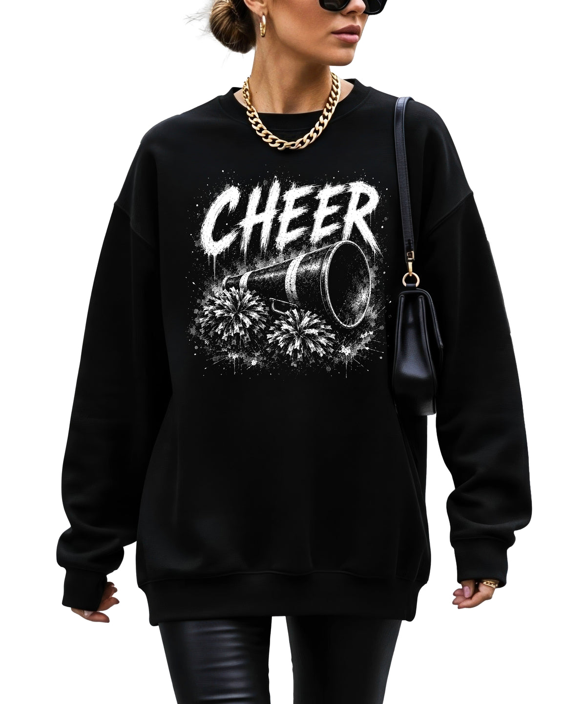 Black cheerleader sweatshirt styled on a model, showing the relaxed crewneck fit