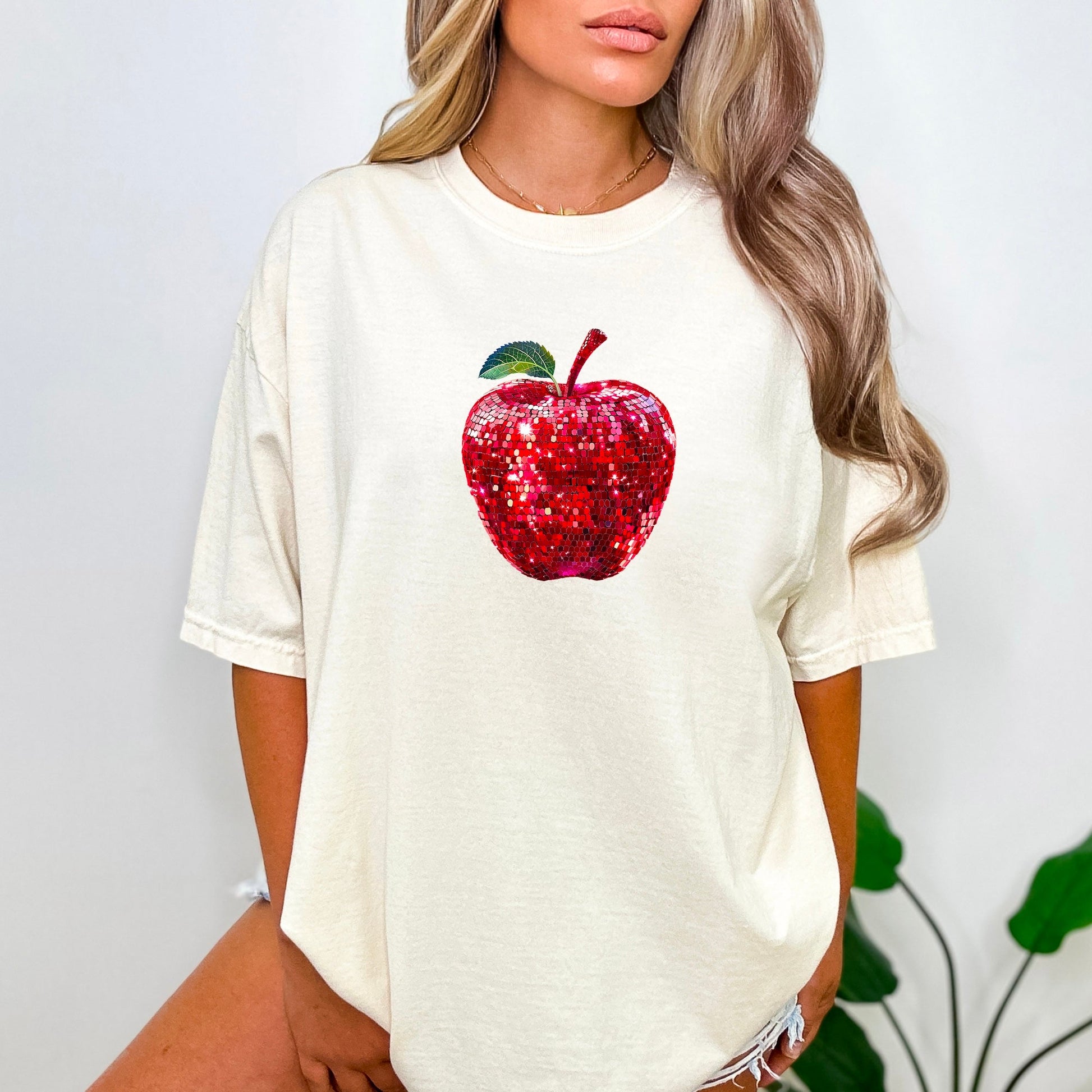 Red disco faux glitter apple Comfort Colors tee in Ivory - view 4