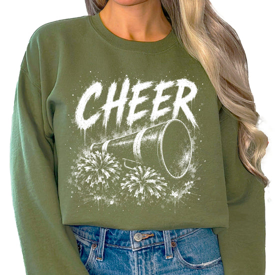 Close-up of the printed CHEER megaphone and pom poms graphic on the Army Green cheer sweatshirt