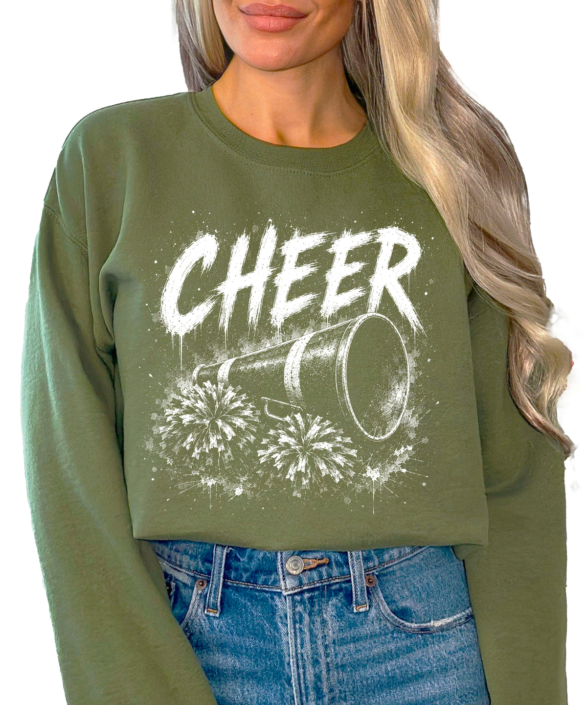 Close-up of the printed CHEER megaphone and pom poms graphic on the Army Green cheer sweatshirt