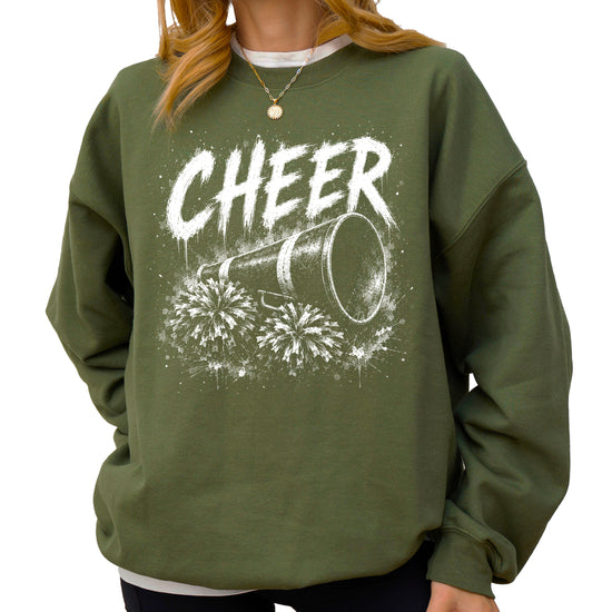 Army Green cheerleader sweatshirt styled on a model, showing the relaxed crewneck fit