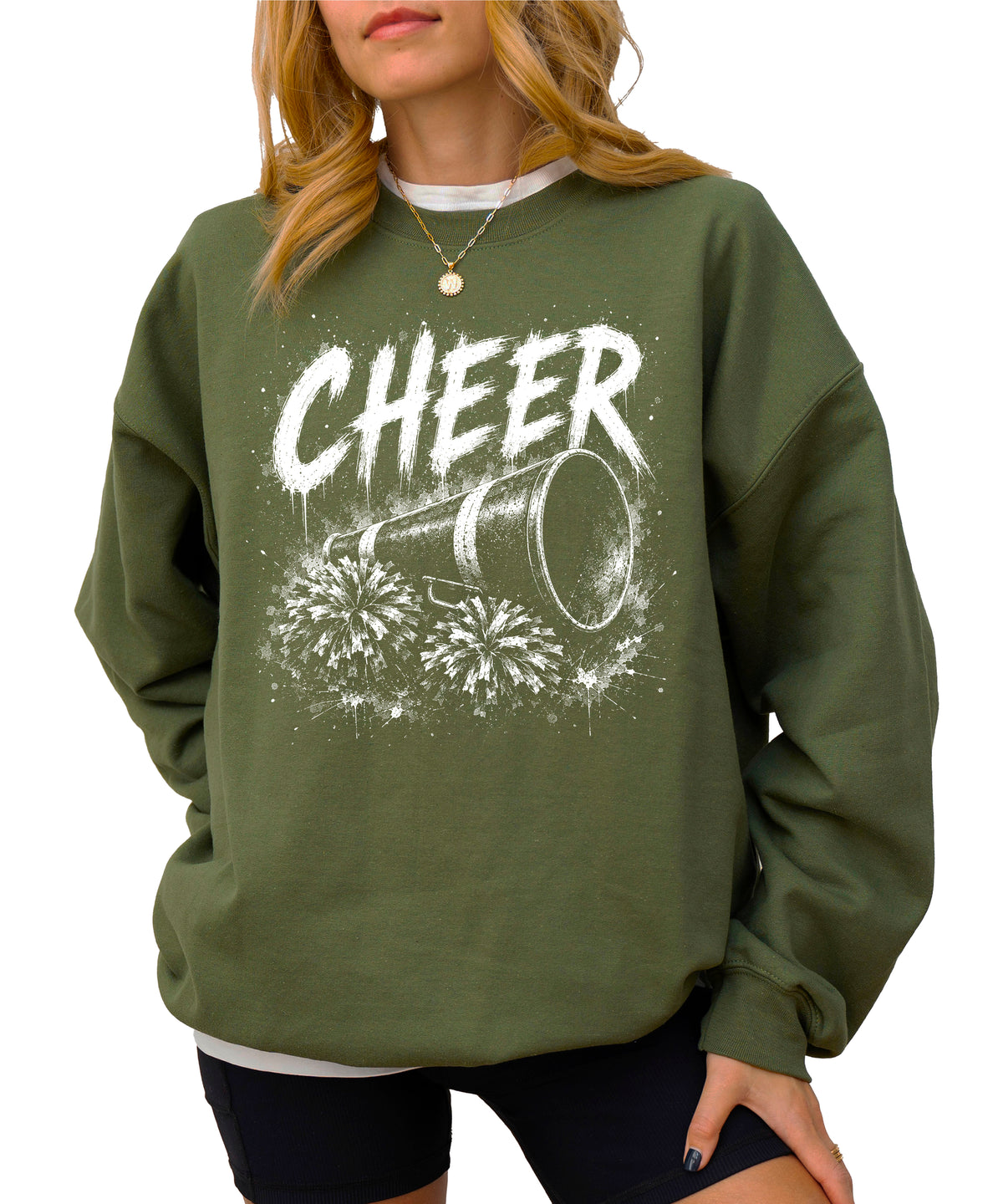 Army Green cheerleader sweatshirt styled on a model, showing the relaxed crewneck fit