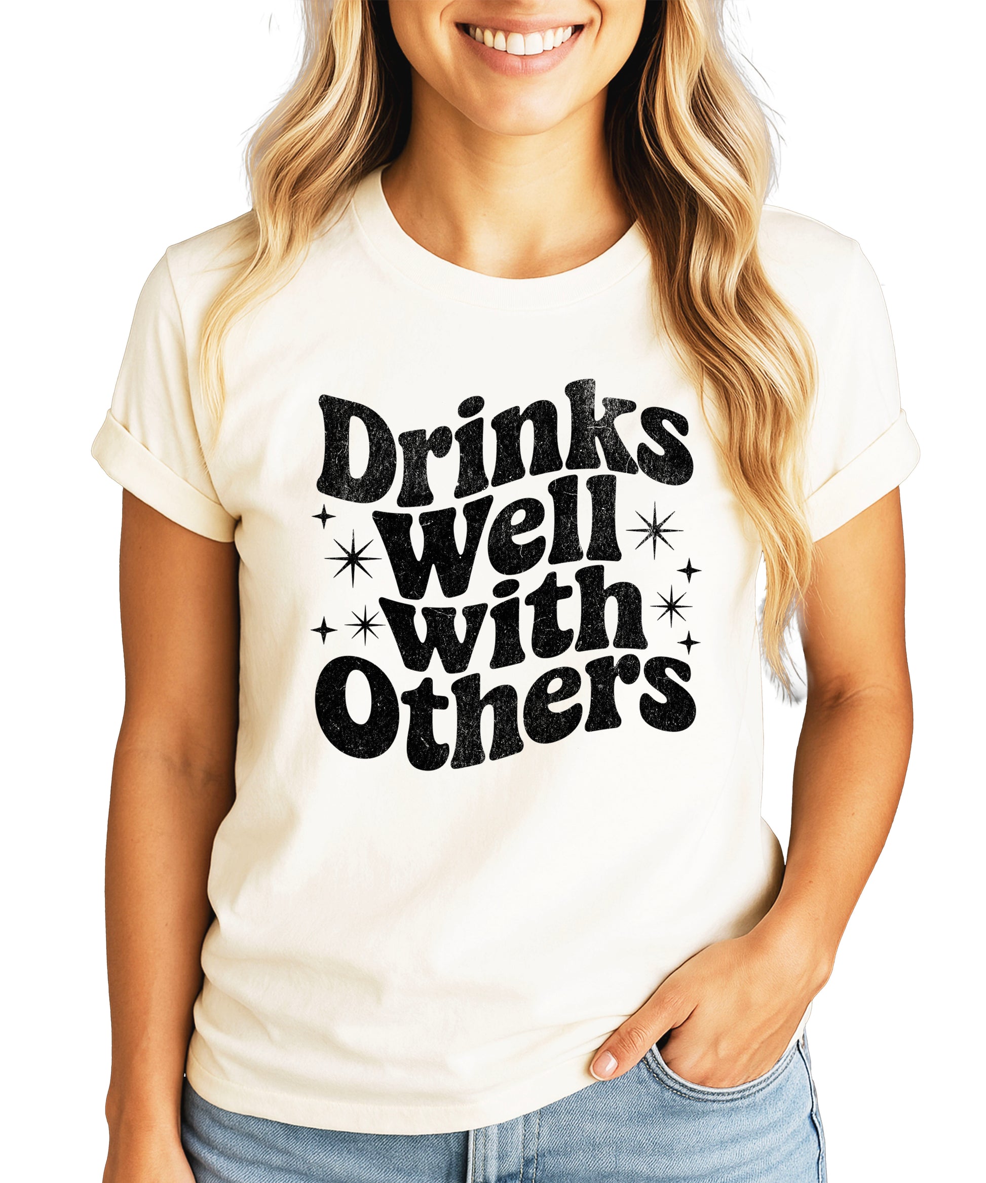 Drinks Well With Others funny graphic tee for women in Natural, front view