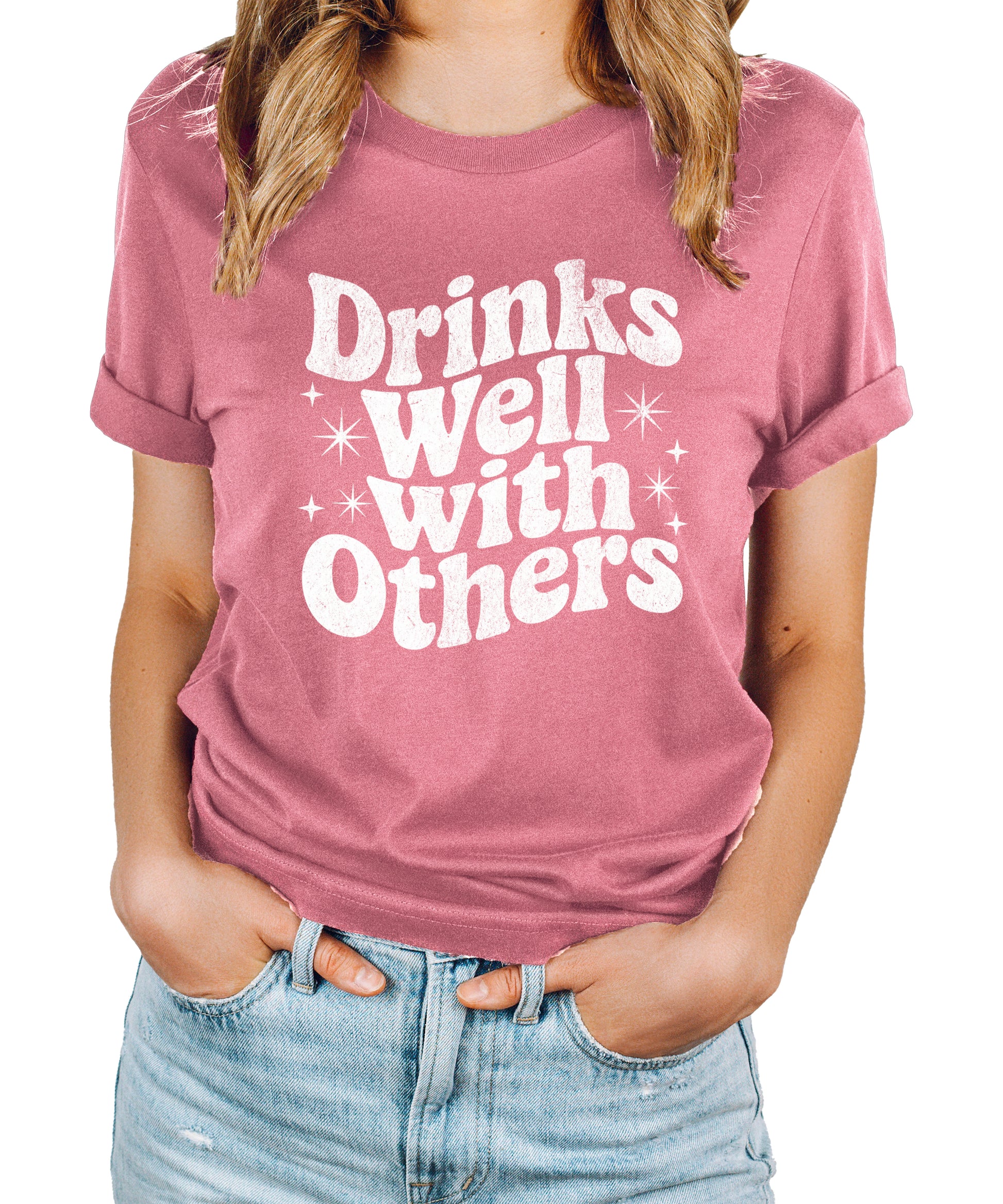 Drinks Well With Others funny graphic tee for women in Mauve, front view