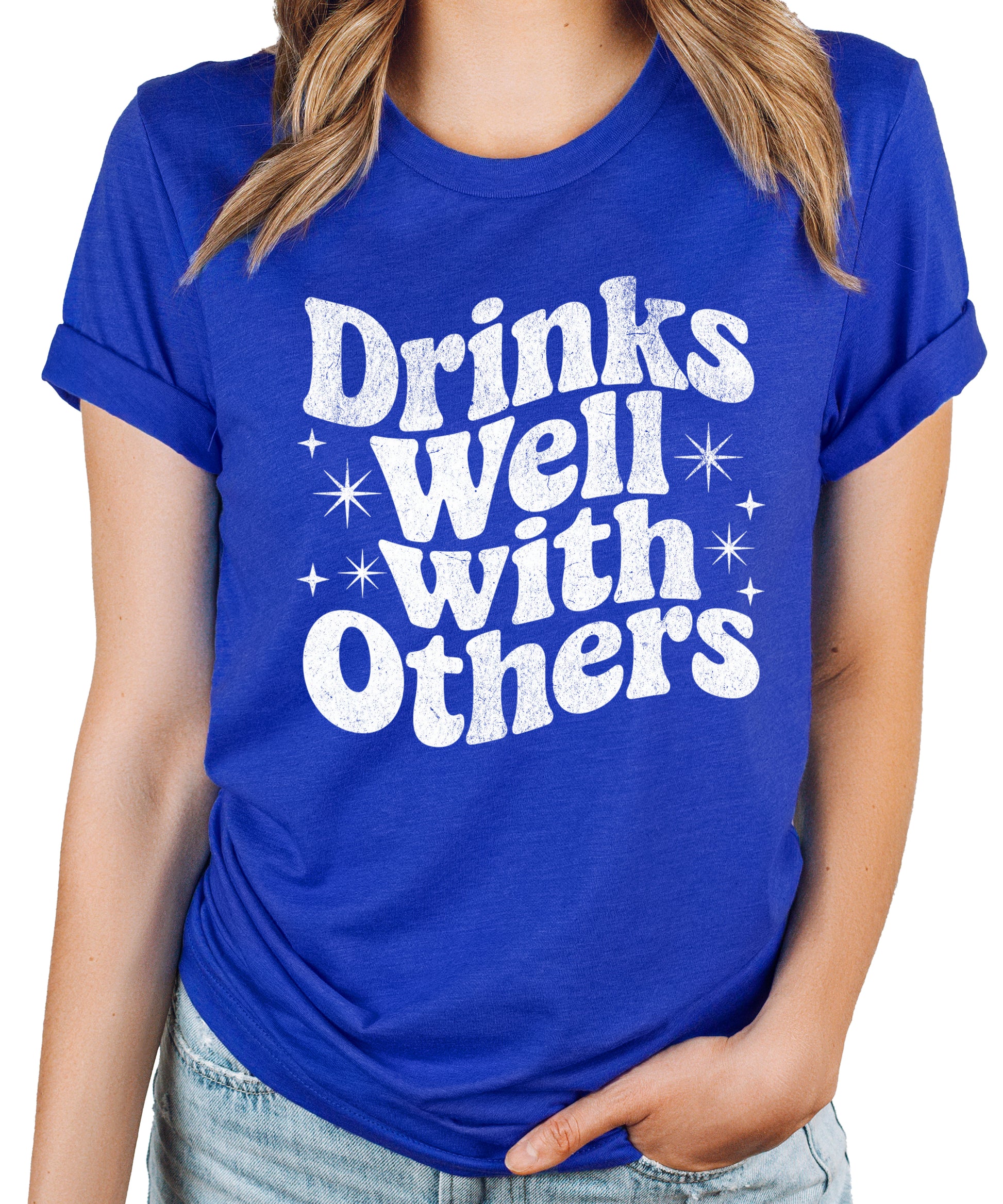 Drinks Well With Others funny graphic tee for women in Vintage Royal, front view