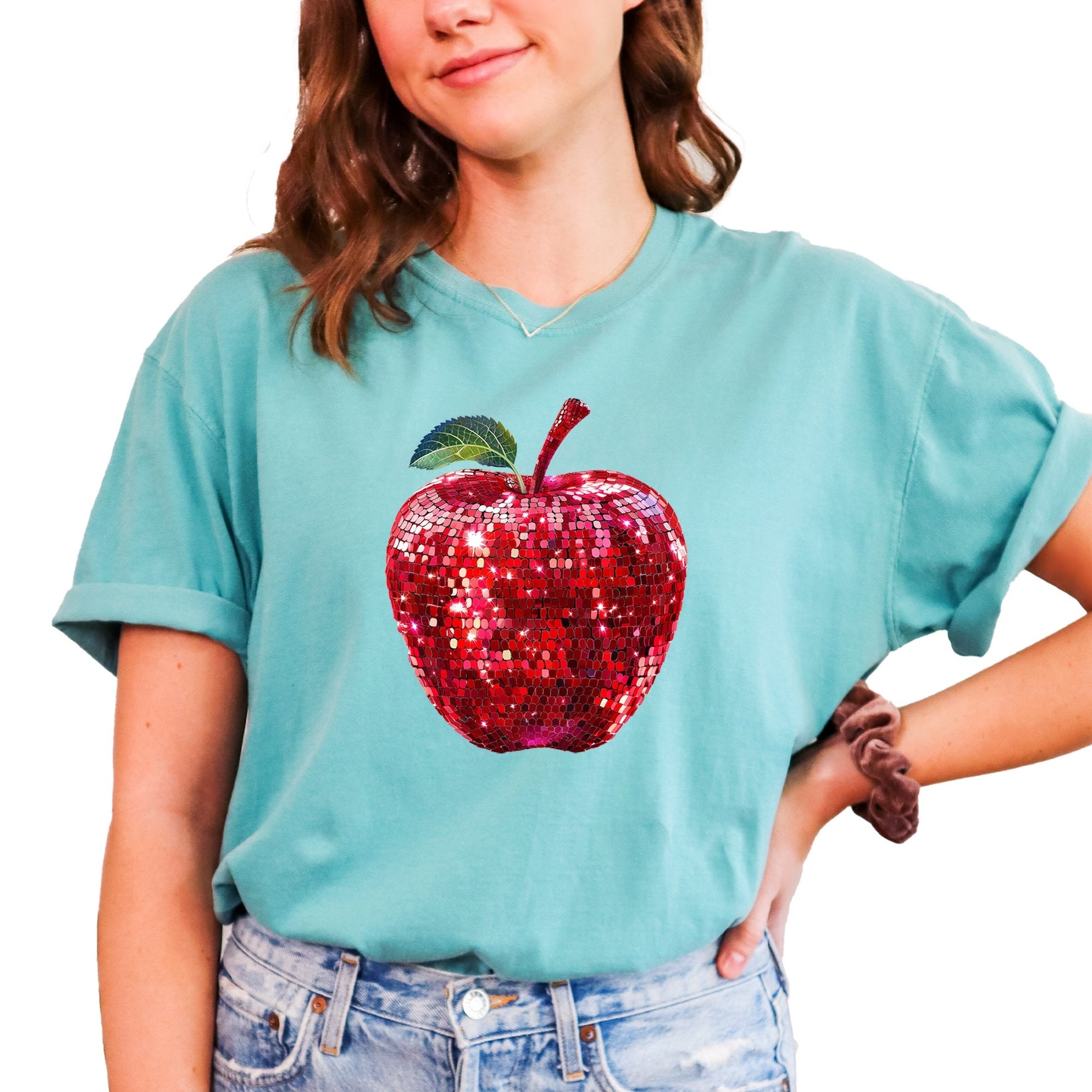 Red disco faux glitter apple Comfort Colors tee in Seafoam - view 2